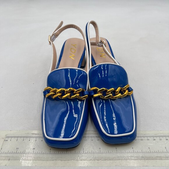 YDN Chain Royal Blue Square Toe Block Low Heels Slingback Formal Loafer Pumps - Picture 3 of 8